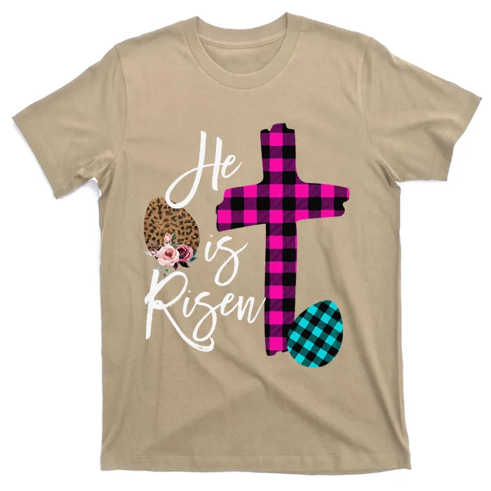 Womens Christian Easter Gifts He Is Risen Jesus Cross Buffalo Plaid T-Shirt