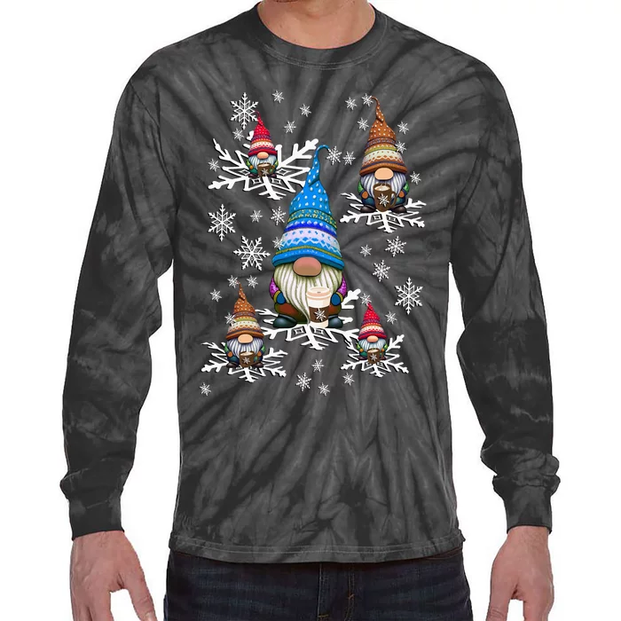 Wintertime Coffee Gnomes Snowflakes Tie-Dye Long Sleeve Shirt