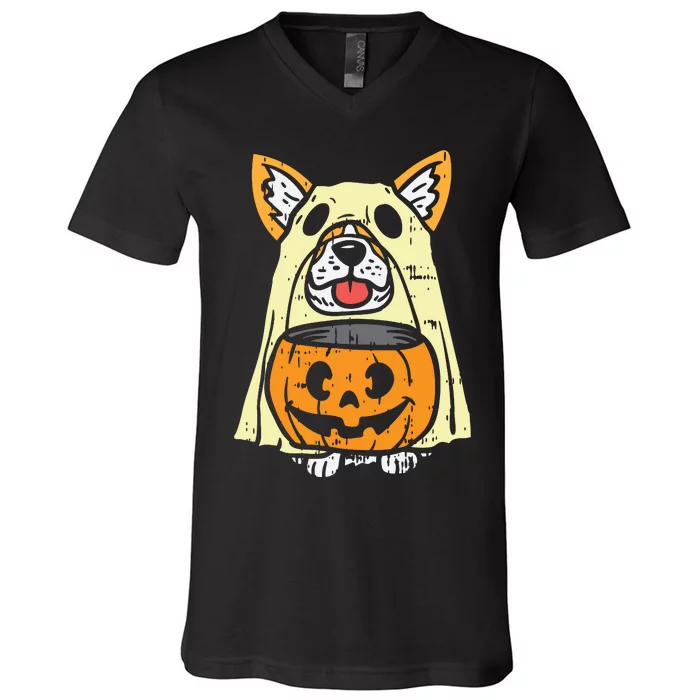 Welsh Corgi Ghost Funny Halloween Costume Dog Owner Lover V-Neck T-Shirt