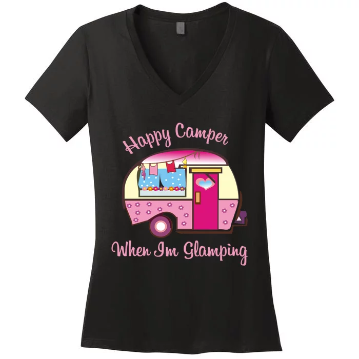 Wo Camping Hoodie Happy Camper When I'm Glamping Women's V-Neck T-Shirt