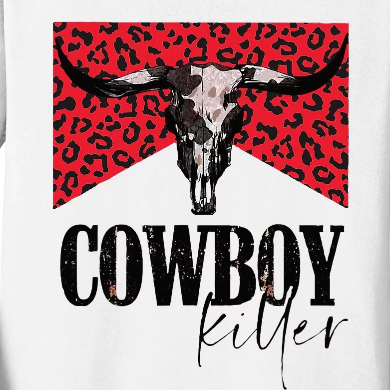 Western Cowgirl Leopard Punchy Cowboy Killers Bull Horn Kids Long Sleeve Shirt