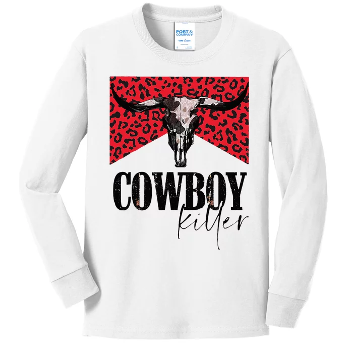 Western Cowgirl Leopard Punchy Cowboy Killers Bull Horn Kids Long Sleeve Shirt