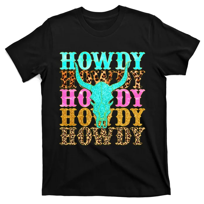 Western Country Leopard Howdy Bull Skull Cowgirl Rodeo T-Shirt