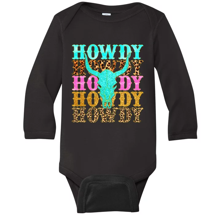 Western Country Leopard Howdy Bull Skull Cowgirl Rodeo Baby Long Sleeve Bodysuit