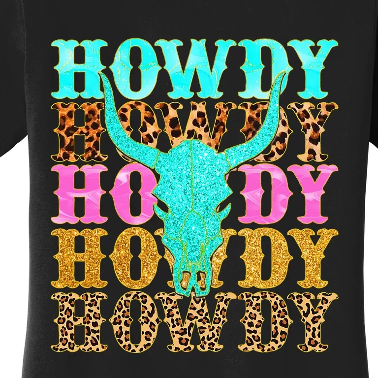 Western Country Leopard Howdy Bull Skull Cowgirl Rodeo Women's T-Shirt