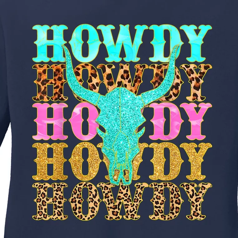 Western Country Leopard Howdy Bull Skull Cowgirl Rodeo Ladies Long Sleeve Shirt