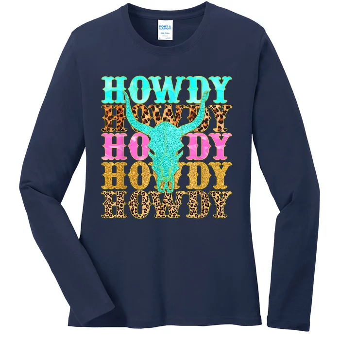 Western Country Leopard Howdy Bull Skull Cowgirl Rodeo Ladies Long Sleeve Shirt