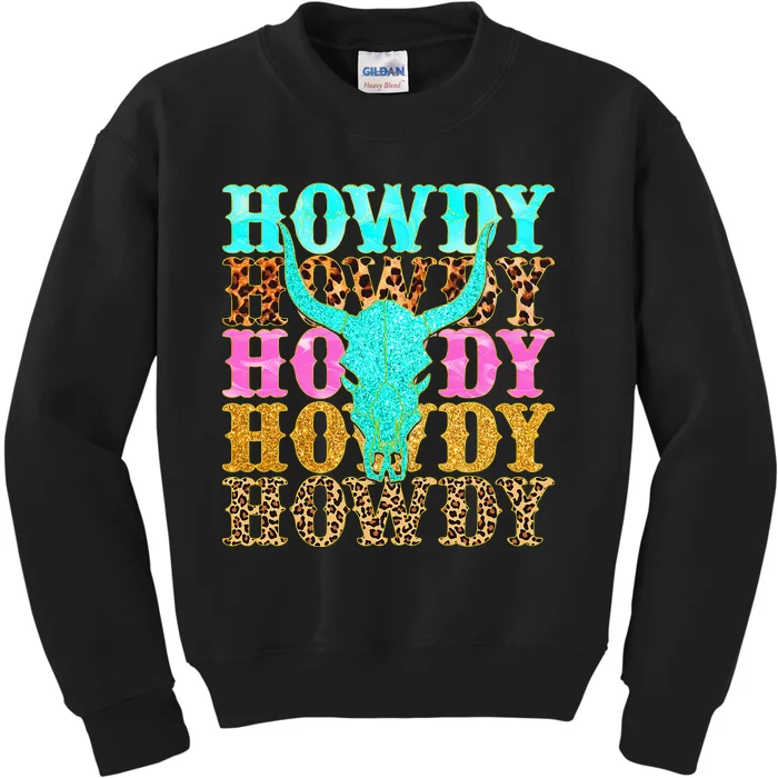 Western Country Leopard Howdy Bull Skull Cowgirl Rodeo Kids Sweatshirt