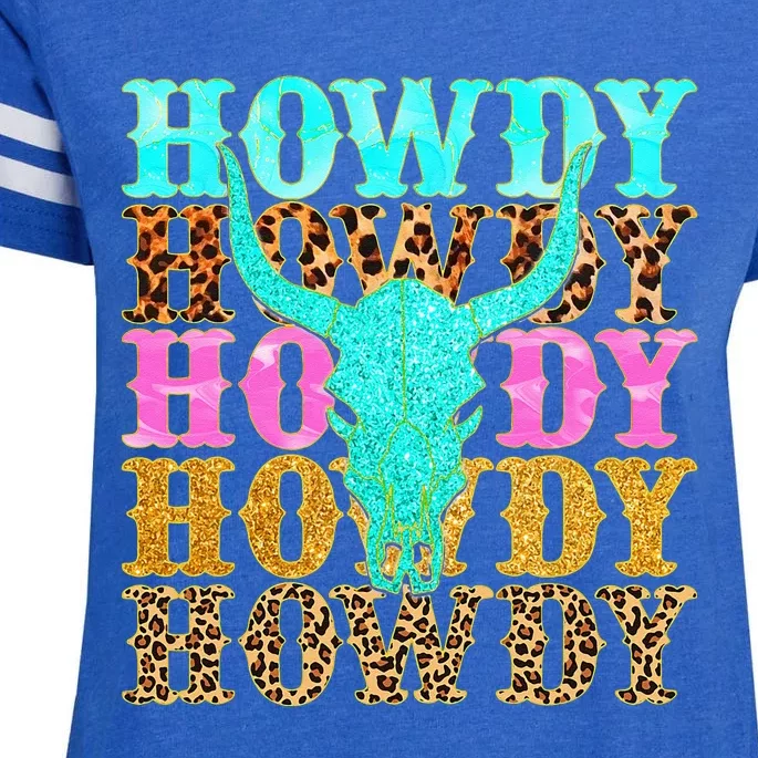 Western Country Leopard Howdy Bull Skull Cowgirl Rodeo Enza Ladies Jersey Football T-Shirt