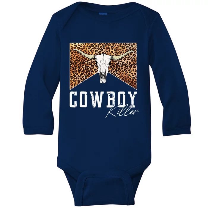 Western Cowgirl Leopard Punchy Cowboy Killers Bull Horn Baby Long Sleeve Bodysuit