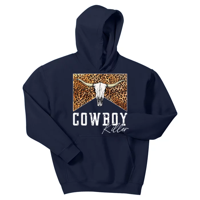 Western Cowgirl Leopard Punchy Cowboy Killers Bull Horn Kids Hoodie