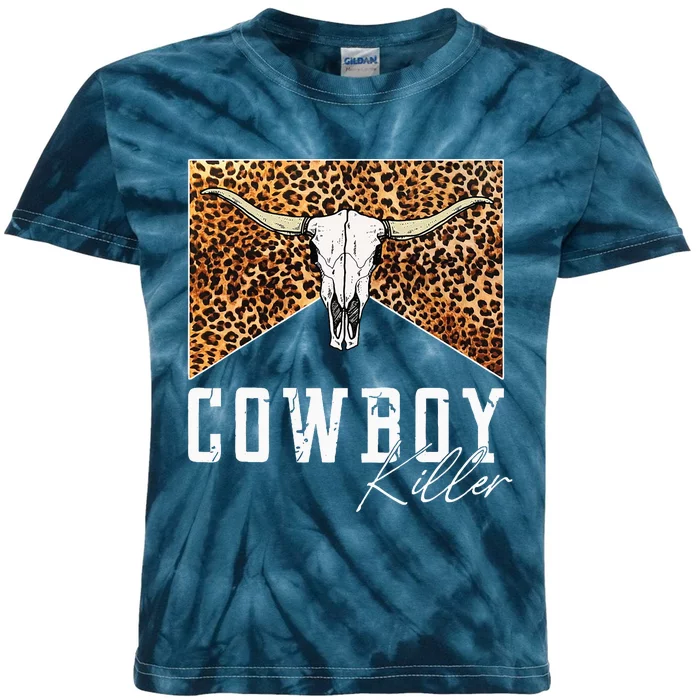 Western Cowgirl Leopard Punchy Cowboy Killers Bull Horn Kids Tie-Dye T-Shirt