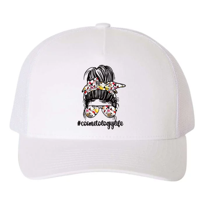 Womens Cosmetology Life Messy Bun Yupoong Adult 5-Panel Trucker Hat