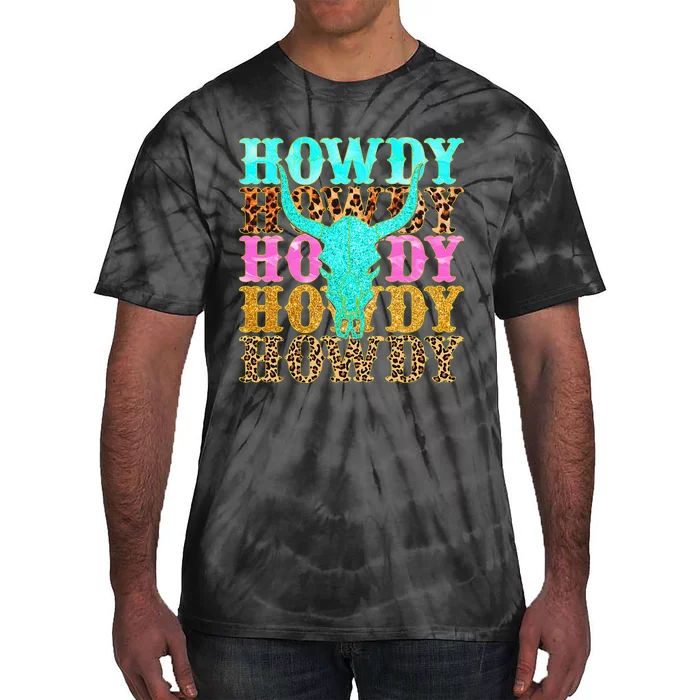 Western Country Leopard Howdy Bull Skull Cowgirl Rodeo Tie-Dye T-Shirt