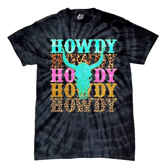 Western Country Leopard Howdy Bull Skull Cowgirl Rodeo Tie-Dye T-Shirt