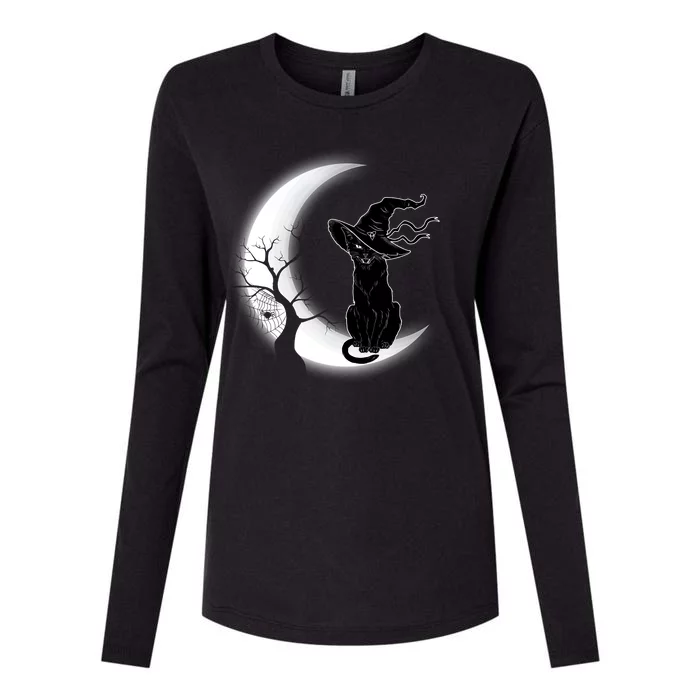 Witch Cat Moon Halloween Womens Cotton Relaxed Long Sleeve T-Shirt