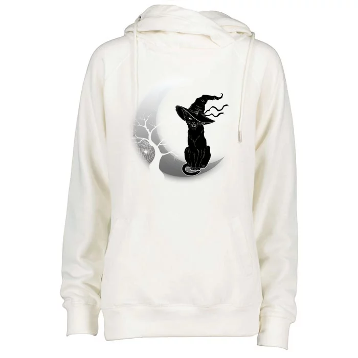 Witch Cat Moon Halloween Womens Funnel Neck Pullover Hood