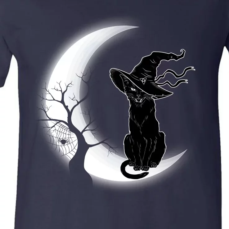 Witch Cat Moon Halloween V-Neck T-Shirt