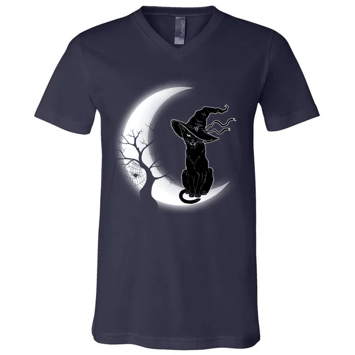 Witch Cat Moon Halloween V-Neck T-Shirt