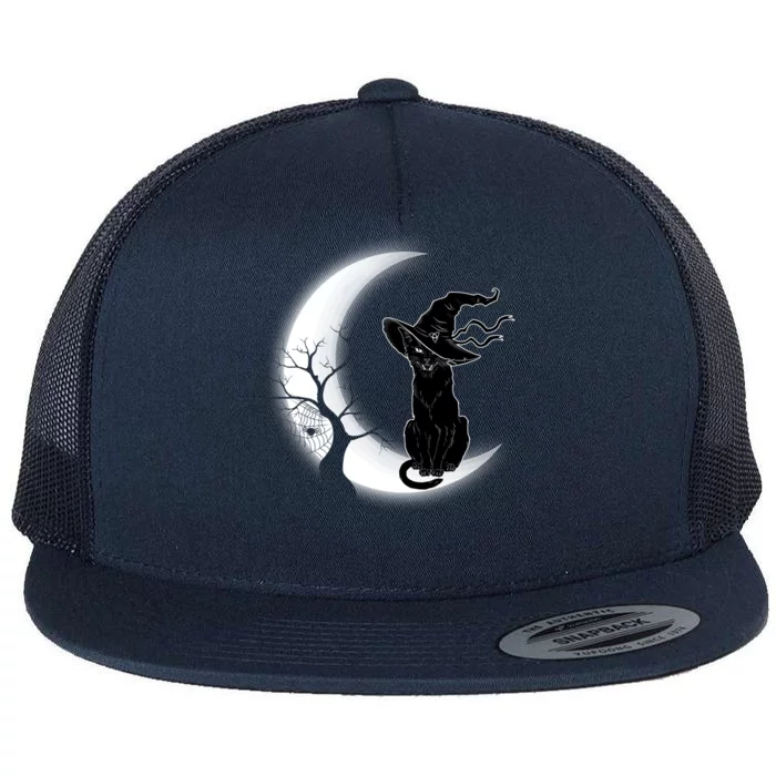 Witch Cat Moon Halloween Flat Bill Trucker Hat