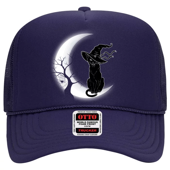 Witch Cat Moon Halloween High Crown Mesh Trucker Hat