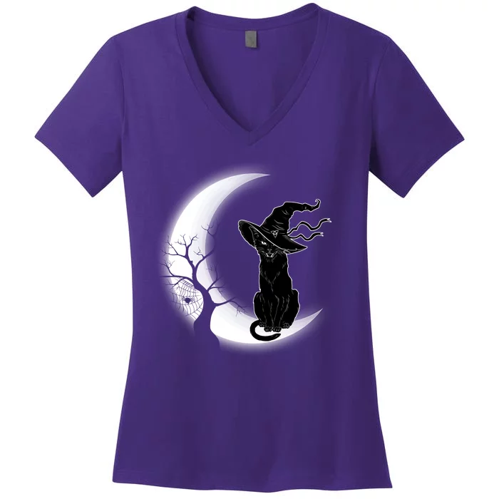 Witch Cat Moon Halloween Women's V-Neck T-Shirt