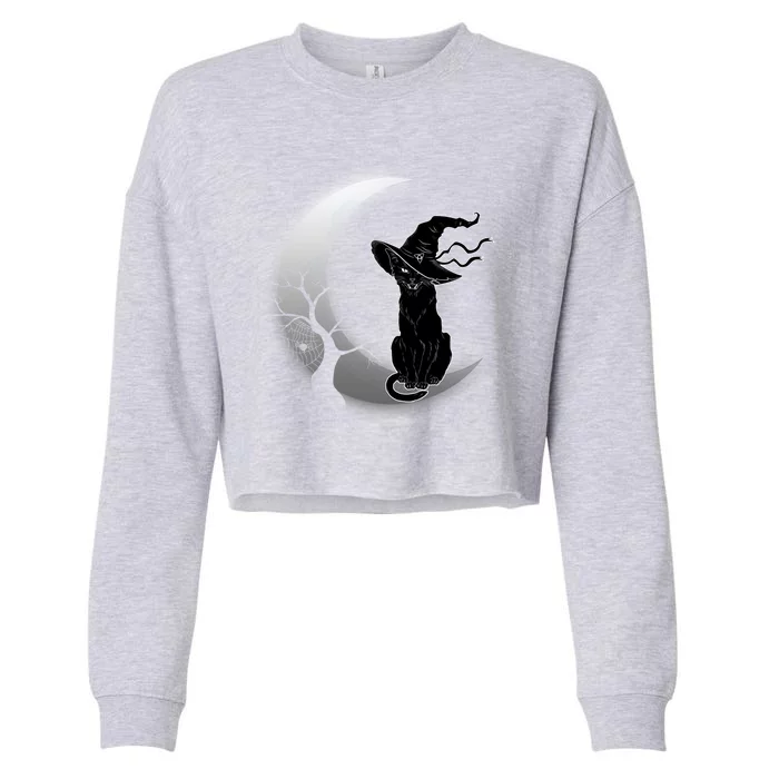 Witch Cat Moon Halloween Cropped Pullover Crew