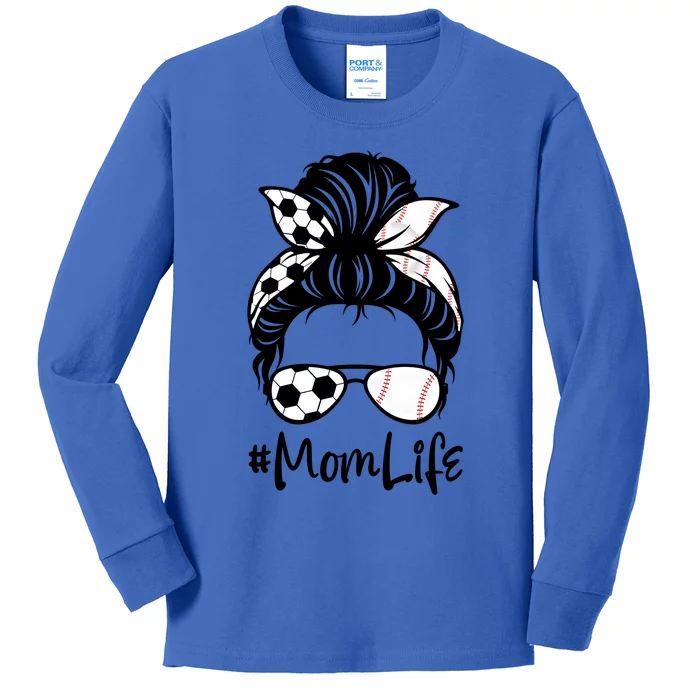 Wo Cute Mom Life Soccer Messy Bun Baseball Hair Mother's Gift Kids Long Sleeve Shirt