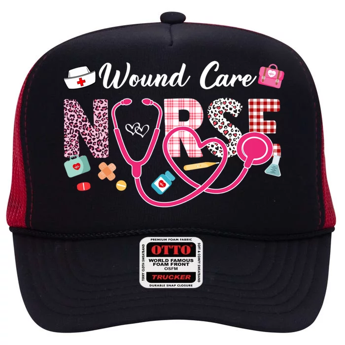 Wound Care Nurse Leopard Plaid Love Heart Stethoscope Nurse Gift High Crown Mesh Trucker Hat