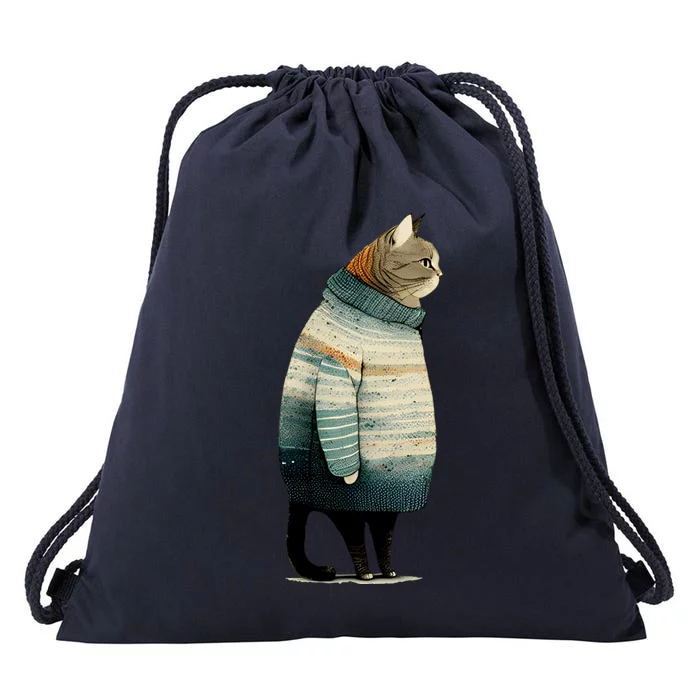 Winter Cat Print Drawstring Bag