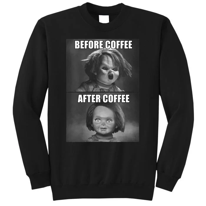 Womens Childs Play Chucky Before Coffee After Coffee Tall Sweatshirt