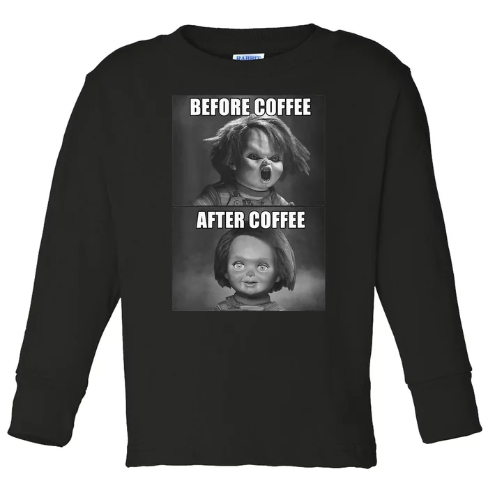 Womens Childs Play Chucky Before Coffee After Coffee Toddler Long Sleeve Shirt