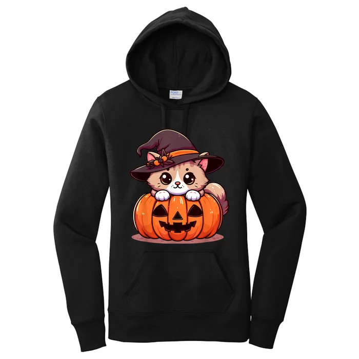 Witch Cat & Pumpkin Halloween Cute Women's Pullover Hoodie