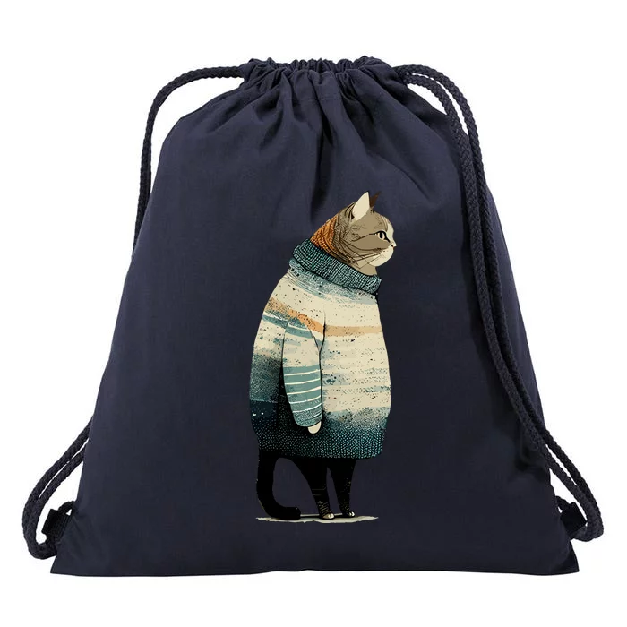 Winter Cat Print Drawstring Bag