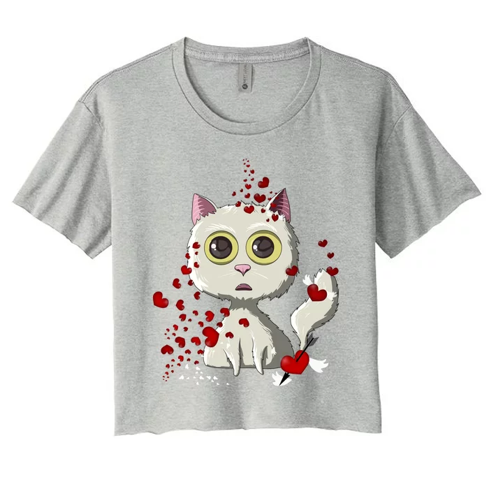 White Cat Red Hearts Funny Cat Mom Valentines Day Cat Lover Gift Women's Crop Top Tee