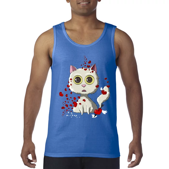 White Cat Red Hearts Funny Cat Mom Valentines Day Cat Lover Gift Tank Top