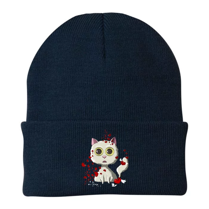 White Cat Red Hearts Funny Cat Mom Valentines Day Cat Lover Gift Knit Cap Winter Beanie