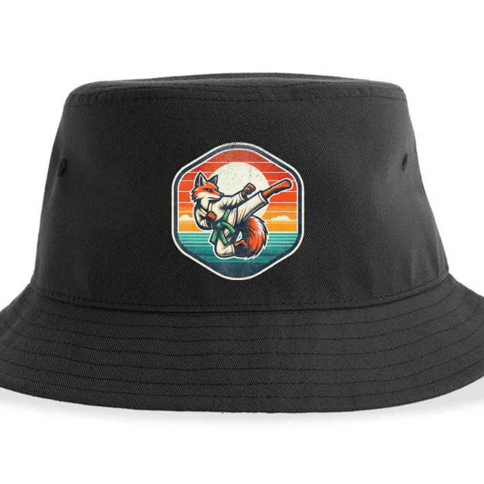 Whimsical Cartoon Retro Sunset Fun Karate Fox Sustainable Bucket Hat