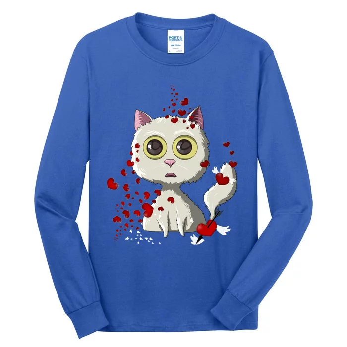 White Cat Red Hearts Funny Cat Mom Valentines Day Cat Lover Cute Gift Tall Long Sleeve T-Shirt