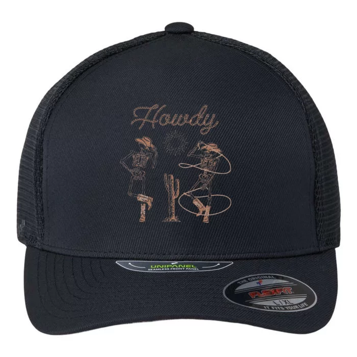 Western Cowboy Skeleton Dancing Howdy Halloween Flexfit Unipanel Trucker Cap