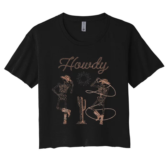 Western Cowboy Skeleton Dancing Howdy Halloween Women's Crop Top Tee