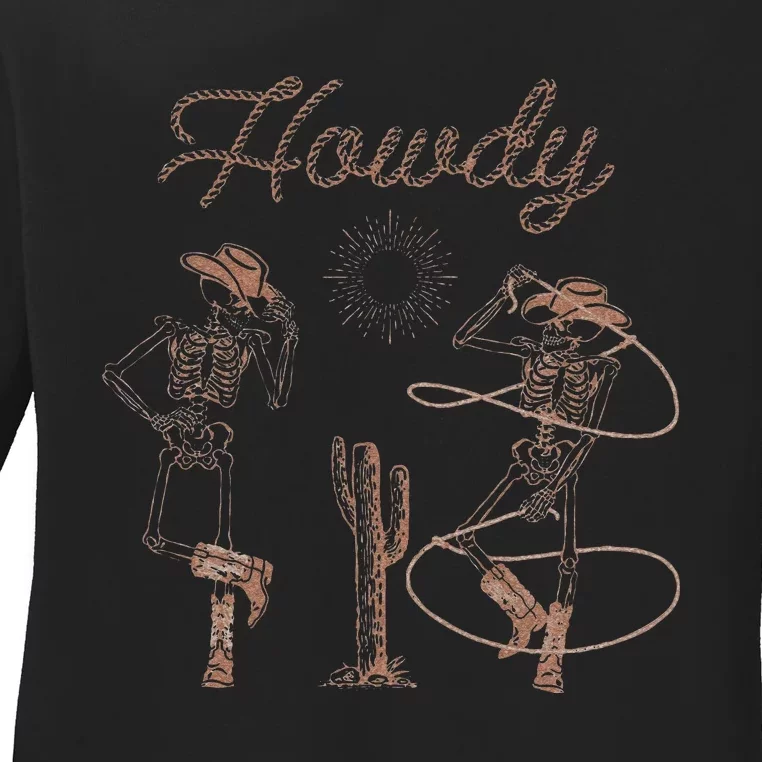 Western Cowboy Skeleton Dancing Howdy Halloween Ladies Long Sleeve Shirt