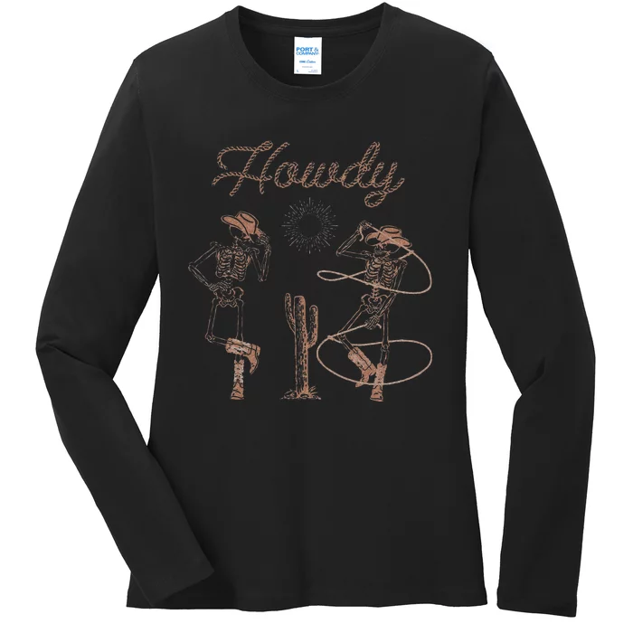 Western Cowboy Skeleton Dancing Howdy Halloween Ladies Long Sleeve Shirt