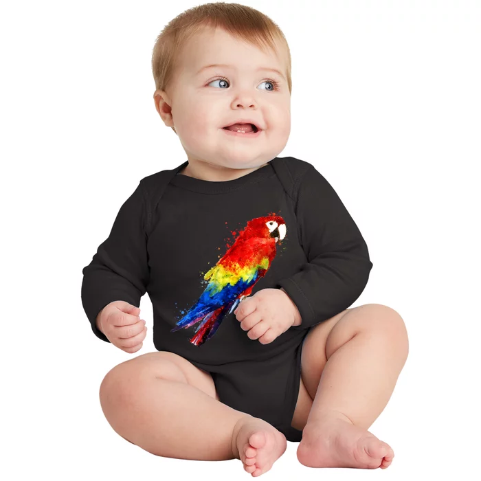 Watercolour Colourful Scarlet Macaw Parrot Bird Painting Baby Long Sleeve Bodysuit