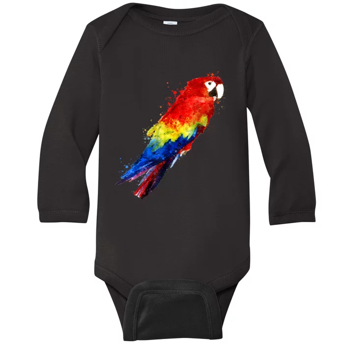 Watercolour Colourful Scarlet Macaw Parrot Bird Painting Baby Long Sleeve Bodysuit