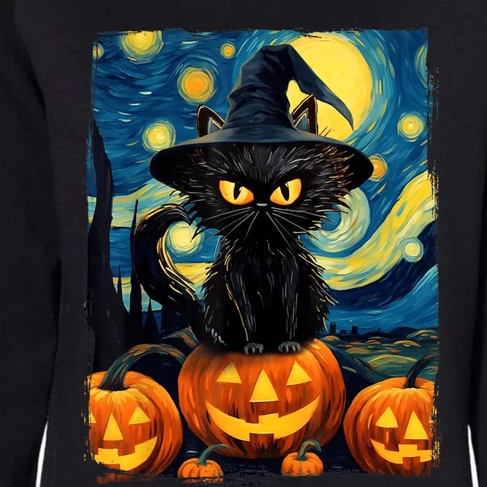 Witch Cat Starry Night Van Gogh Retro Halloween Cat Art Womens California Wash Sweatshirt