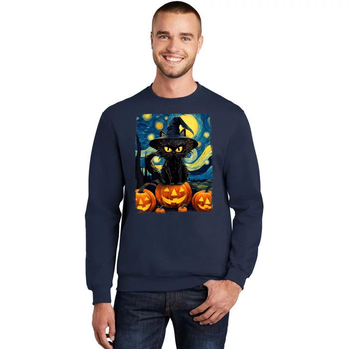 Witch Cat Starry Night Van Gogh Retro Halloween Cat Art Tall Sweatshirt