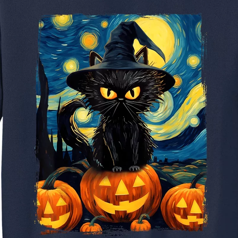 Witch Cat Starry Night Van Gogh Retro Halloween Cat Art Tall Sweatshirt