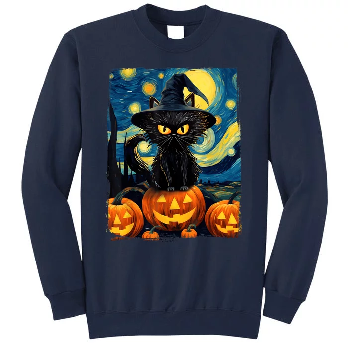 Witch Cat Starry Night Van Gogh Retro Halloween Cat Art Tall Sweatshirt