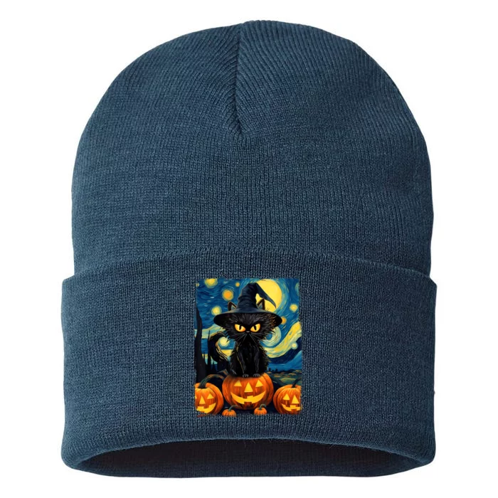 Witch Cat Starry Night Van Gogh Retro Halloween Cat Art Sustainable Knit Beanie